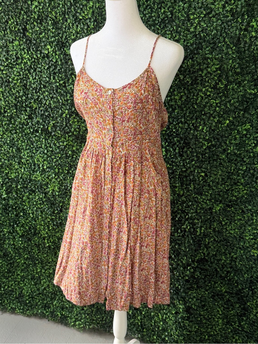 Gypsies & Moondust Floral Button-Front Spaghetti-Strap Mini in Pink and Yellow